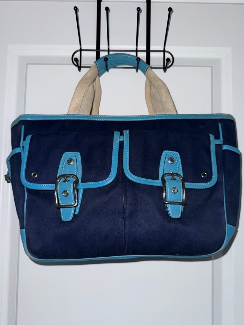 Coach Navy Canvas Tote w/ Teal Leather Trim – Buckle Front Shoulder Bag